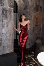 Elegant Spaghetti Straps Burgundy Satin Long Prom Dress Evening Dress