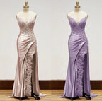 Elegant Black Spaghetti Straps Prom Dress Satin Sheath Prom Dress Long With Slits