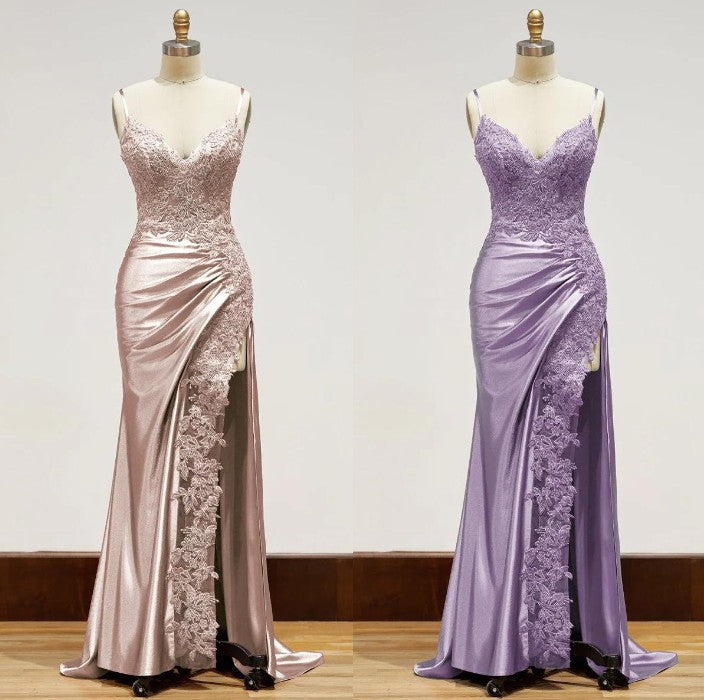 Elegant Black Spaghetti Straps Prom Dress Satin Sheath Prom Dress Long With Slits