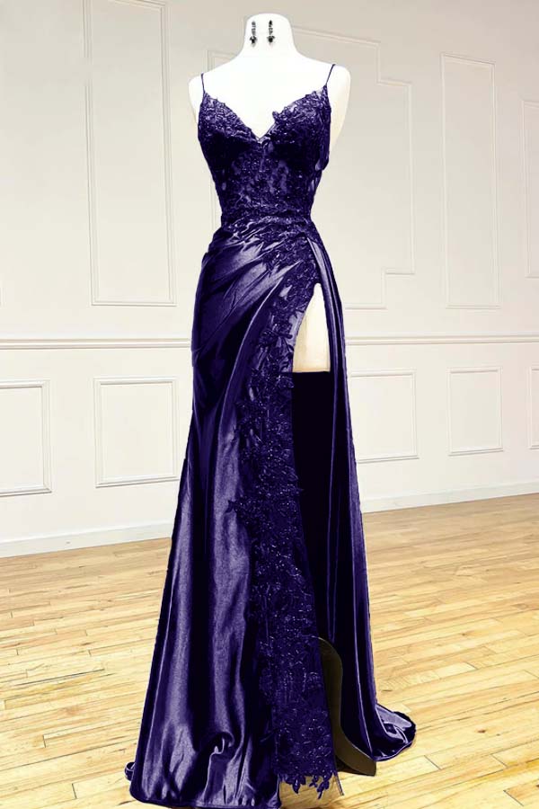 Elegant Black Spaghetti Straps Prom Dress Satin Sheath Prom Dress Long With Slits