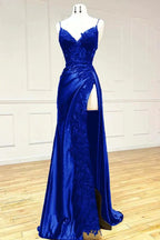 Elegant Black Spaghetti Straps Prom Dress Satin Sheath Prom Dress Long With Slits