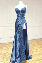 Elegant Black Spaghetti Straps Prom Dress Satin Sheath Prom Dress Long With Slits