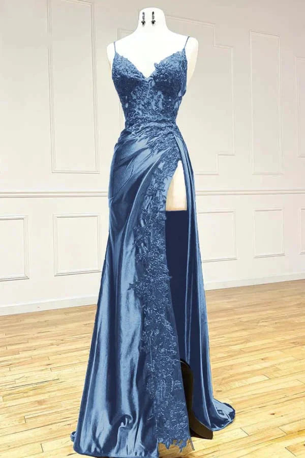 Elegant Black Spaghetti Straps Prom Dress Satin Sheath Prom Dress Long With Slits