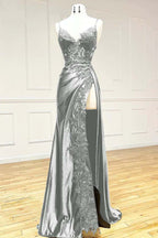 Elegant Black Spaghetti Straps Prom Dress Satin Sheath Prom Dress Long With Slits