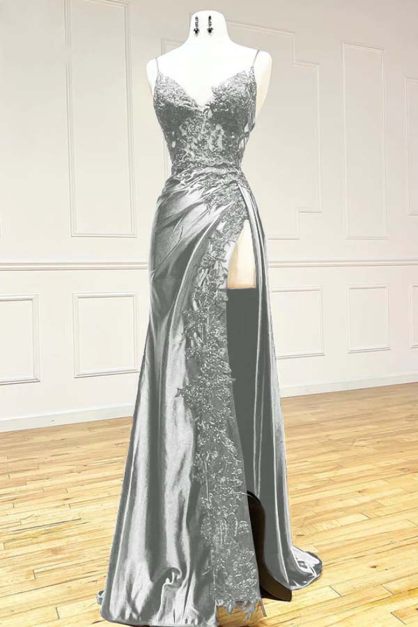 Elegant Black Spaghetti Straps Prom Dress Satin Sheath Prom Dress Long With Slits