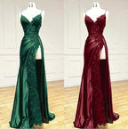 Elegant Black Spaghetti Straps Prom Dress Satin Sheath Prom Dress Long With Slits