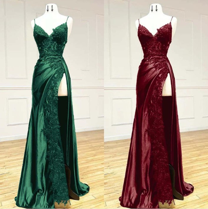 Elegant Black Spaghetti Straps Prom Dress Satin Sheath Prom Dress Long With Slits
