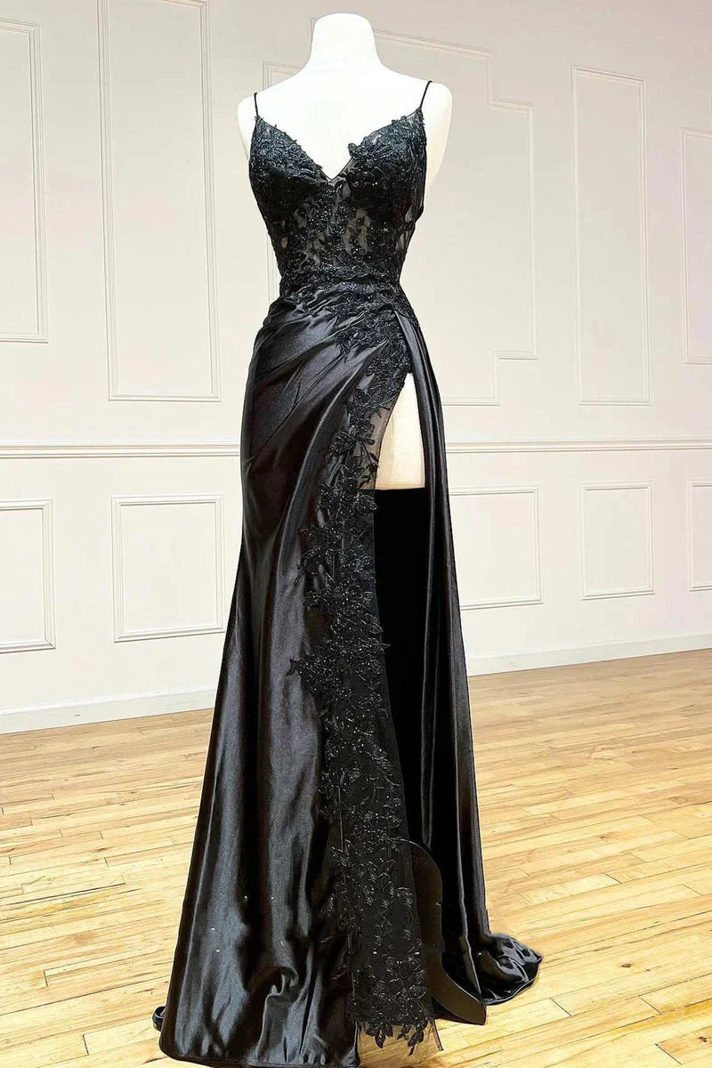 Elegant Black Spaghetti Straps Prom Dress Satin Sheath Prom Dress Long With Slits