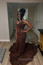 Elegant Sparkle Brown Mermaid Court Train V-neck Sleeveless Prom Dresses