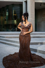 Elegant Sparkle Brown Mermaid Court Train V-neck Sleeveless Prom Dresses