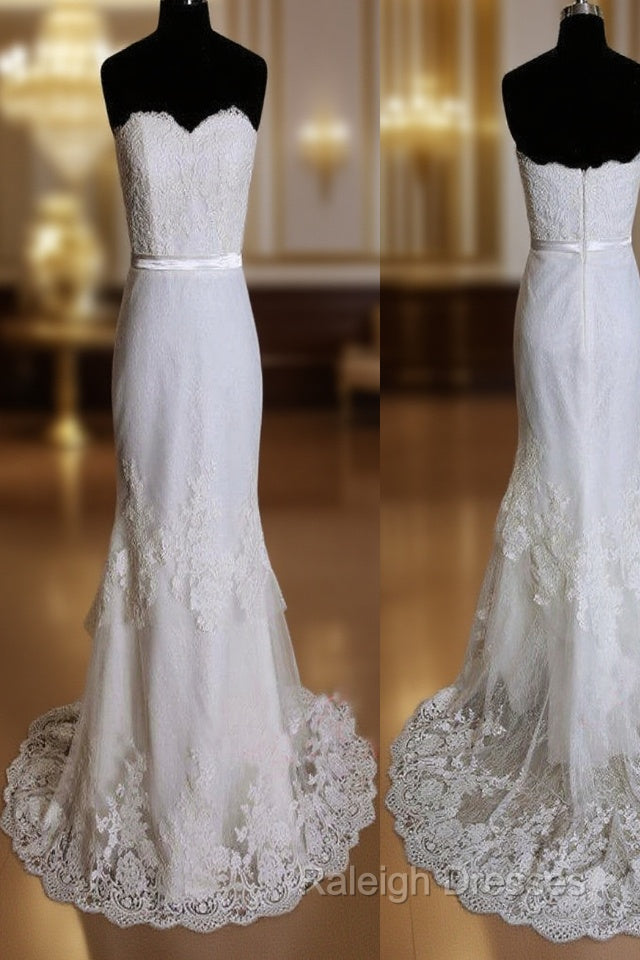 Elegant Special Column Strapless Lace Sweetheart Neckline Layered Skirt Sweep Trailing Wedding Dress,
