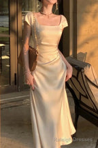 Elegant Square Neck Long Party Dress Beige Satin Mermiad Prom Evening Dress