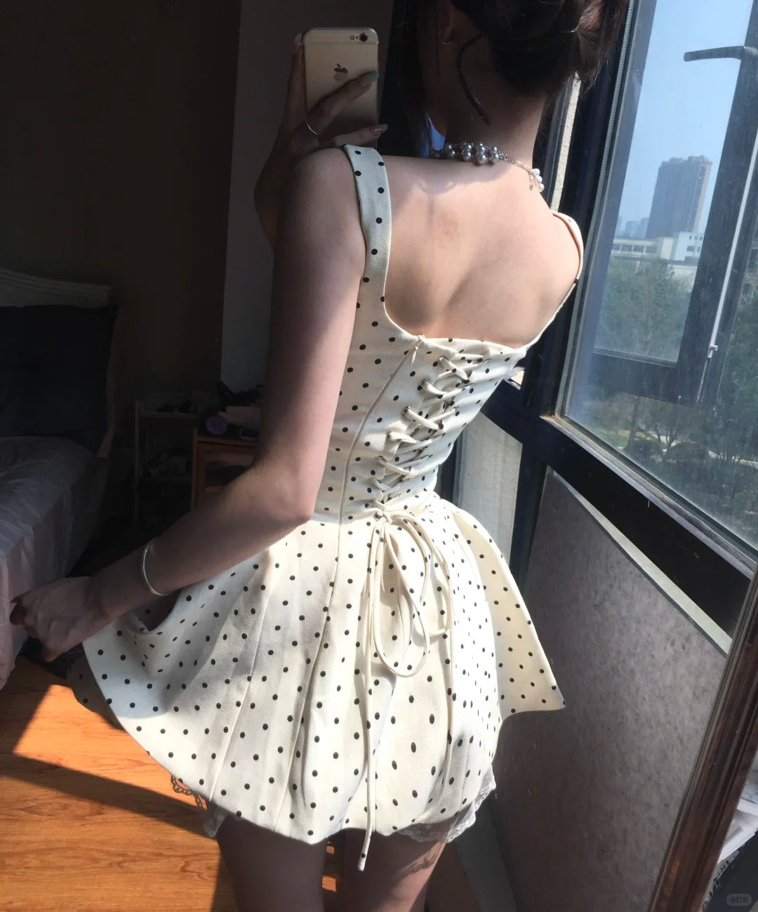 Elegant Square Neck Polka Dot Straps Back Tie Mini Homecoming Dresses Secondary image