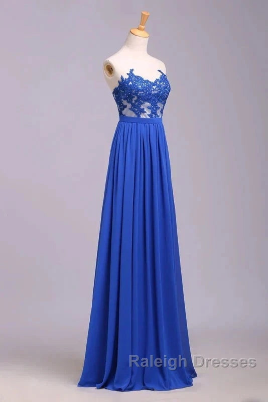 Elegant Strapless Chiffon Prom Lace Appliques Prom Dresses Long Royal Blue