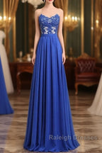 Elegant Strapless Chiffon Evening Lace Appliques Long Prom Dress Royal Blue