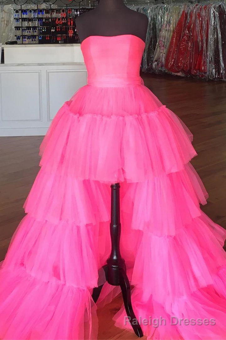 Elegant Strapless Layered Hot Pink Long Prom Dress with Slit Formal Gown Main image