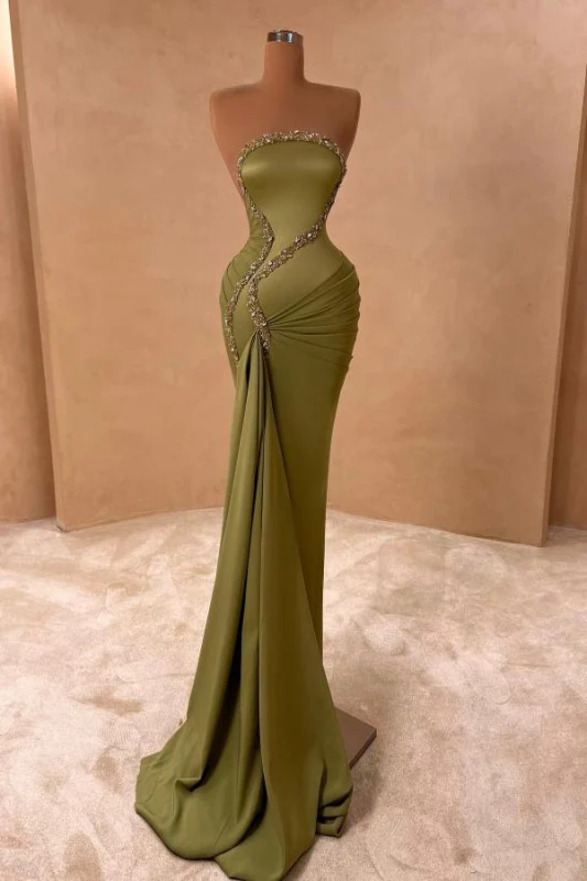 Elegant Strapless Silver Beaded Mermaid Olive Green Satin Floor Length Prom Dresses Main image