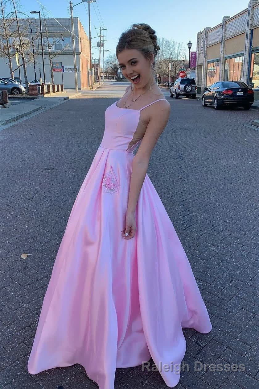 Elegant Straps A-Line Pink Long Prom Dress with Beaded Pockets Main image