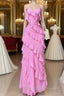 Elegant Straps Sheath Chiffon Formal Prom Dress Pink Ruffles Long Party Dress