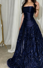 Elegant Straps Sheath Midnight Blue Prom Dress Long Satin Midnight Blue Prom Gown