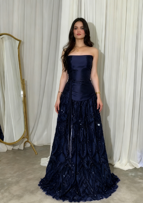 Elegant Straps Sheath Midnight Blue Prom Dress Long Satin Midnight Blue Prom Gown