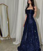 Elegant Straps Sheath Midnight Blue Prom Dress Long Satin Midnight Blue Prom Gown