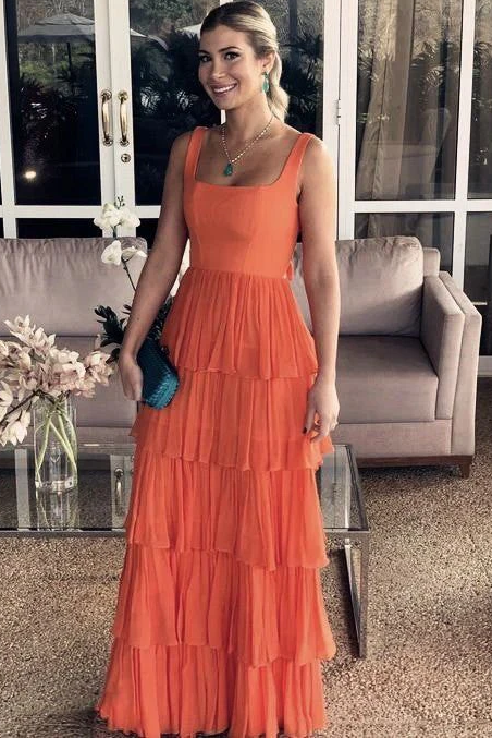 Elegant Straps Square Layered Sleeveless Long Prom Dresses