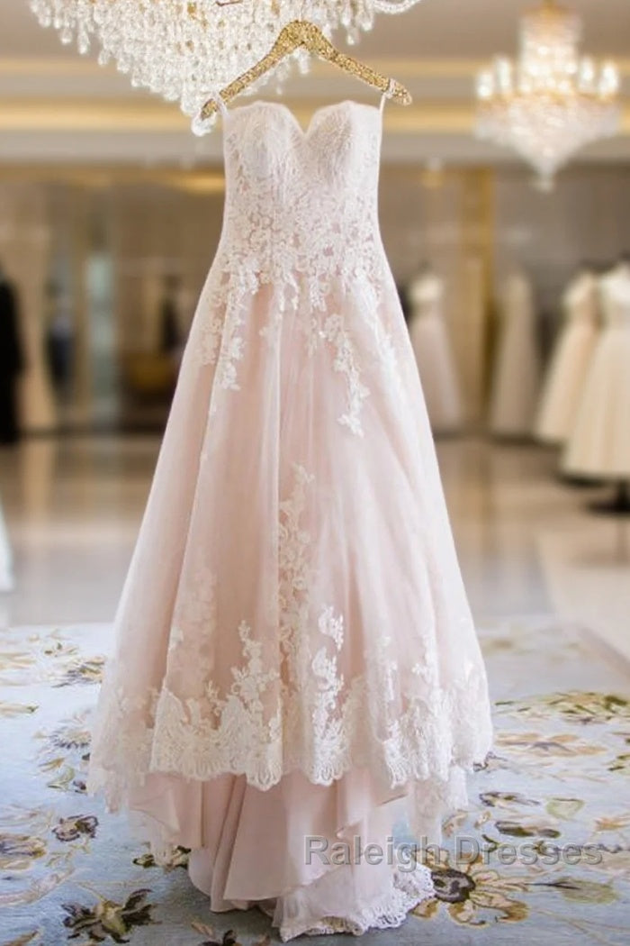 Elegant Sweetheart High Low Blush Wedding Dress With White Lace
