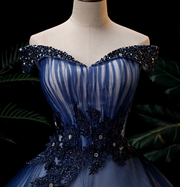 Elegant Teal Blue Off-The-Shoulder Embroidered Tulle Ball Gown Prom Dress Sweet 16 Dress