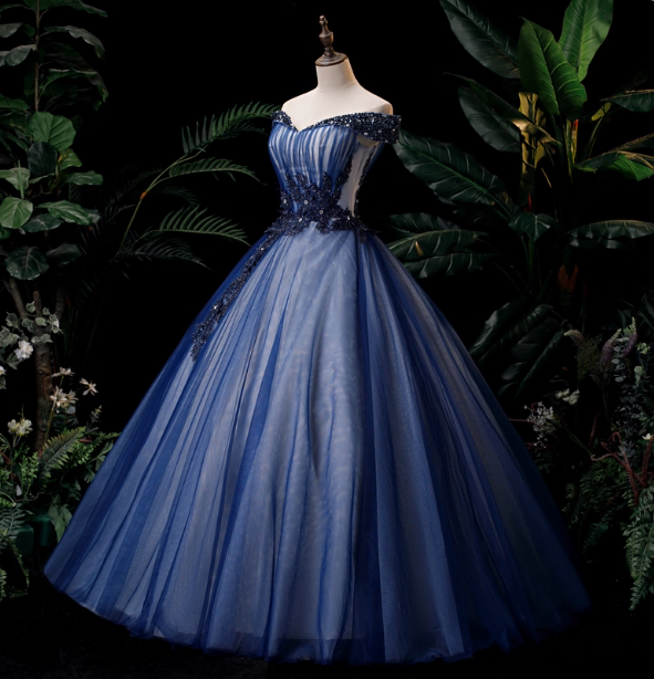 Elegant Teal Blue Off-The-Shoulder Embroidered Tulle Ball Gown Prom Dress Sweet 16 Dress