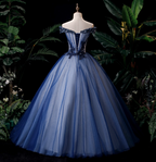Elegant Teal Blue Off-The-Shoulder Embroidered Tulle Ball Gown Prom Dress Sweet 16 Dress