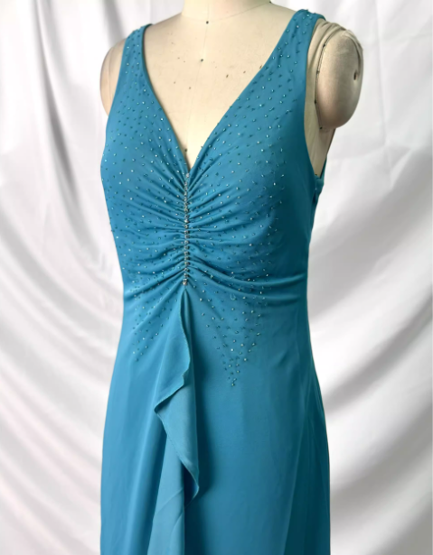 Elegant Teal Blue V-Neck Ruffled Beaded Chiffon Long Formal Prom Dress