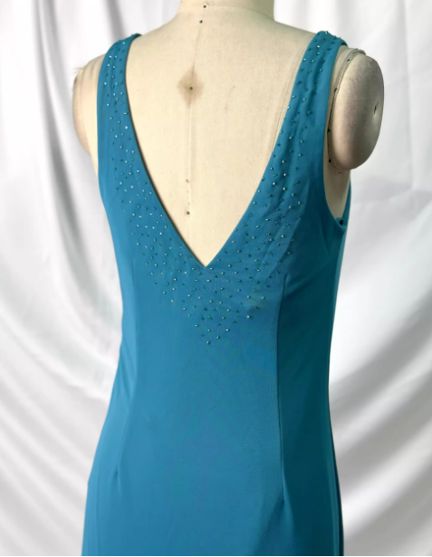 Elegant Teal Blue V-Neck Ruffled Beaded Chiffon Long Formal Prom Dress