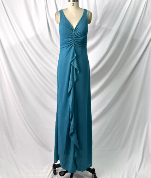 Elegant Teal Blue V-Neck Ruffled Beaded Chiffon Long Formal Prom Dress Main image