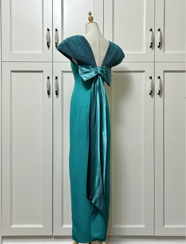 Elegant Teal Bow Fitted Satin Long Formal Prom Dress