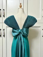 Elegant Teal Bow Fitted Satin Long Formal Prom Dress