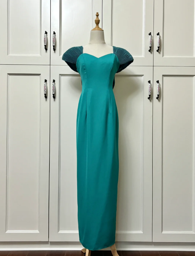 Elegant Teal Bow Fitted Satin Long Formal Prom Dress