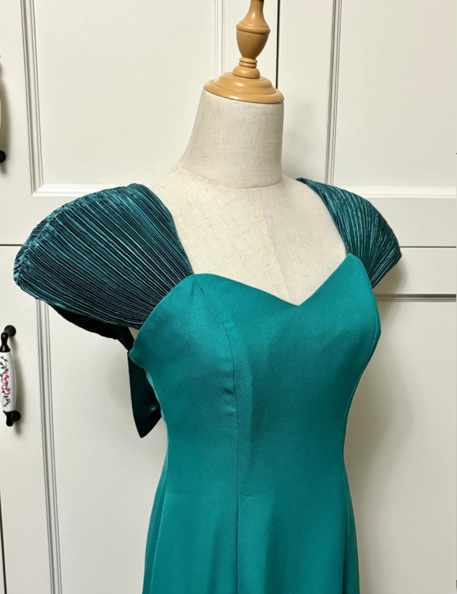 Elegant Teal Bow Fitted Satin Long Formal Prom Dress
