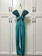 Elegant Teal Bow Fitted Satin Long Formal Prom Dress