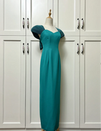 Elegant Teal Bow Fitted Satin Long Formal Prom Dress