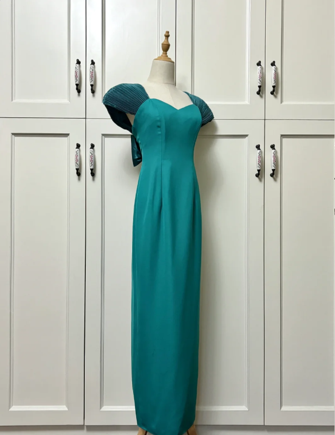 Elegant Teal Bow Fitted Satin Long Formal Prom Dress