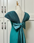 Elegant Teal Bow Fitted Satin Long Formal Prom Dress