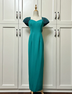 Elegant Teal Bow Fitted Satin Long Formal Prom Dress
