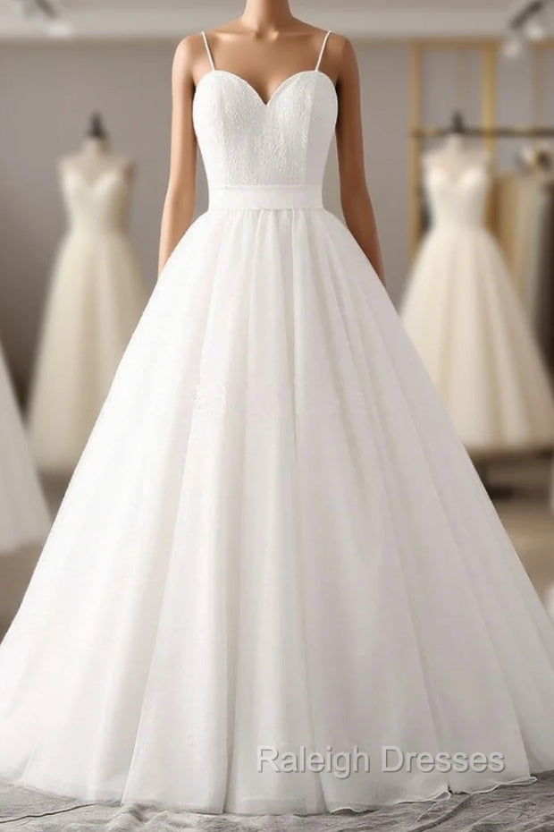 Elegant Thin Shoulder Straps Sweet Floor Mopping White Satin And Floor Length Wedding Dress Main image