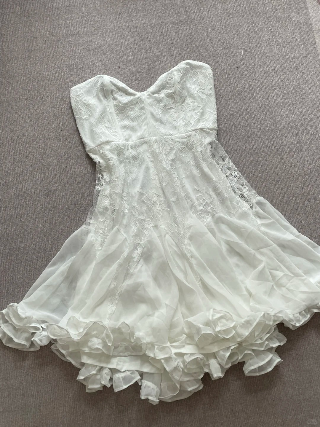 Elegant Tube Top White Lace Splicing Mesh A-Line 17Th Birthday Homecoming Dress Secondary image