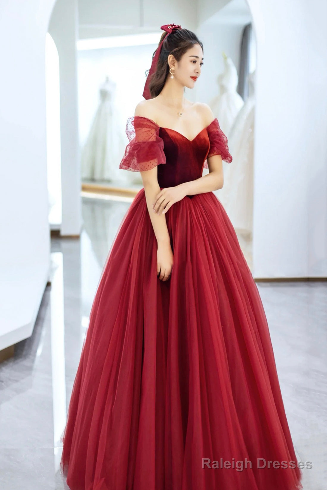 Elegant Tulle And Velvet Long Prom Dress, Off The Shoulder A-Line Evening Party Dress Secondary image
