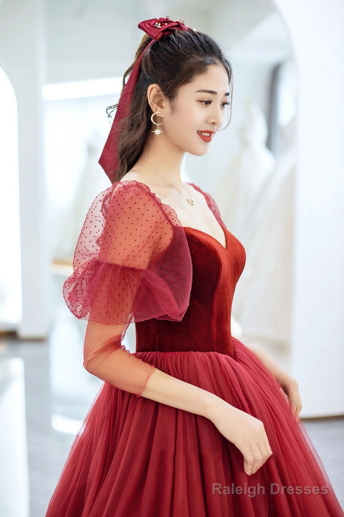 Elegant Tulle And Velvet Long Prom Dress, Off The Shoulder A-Line Evening Party Dress