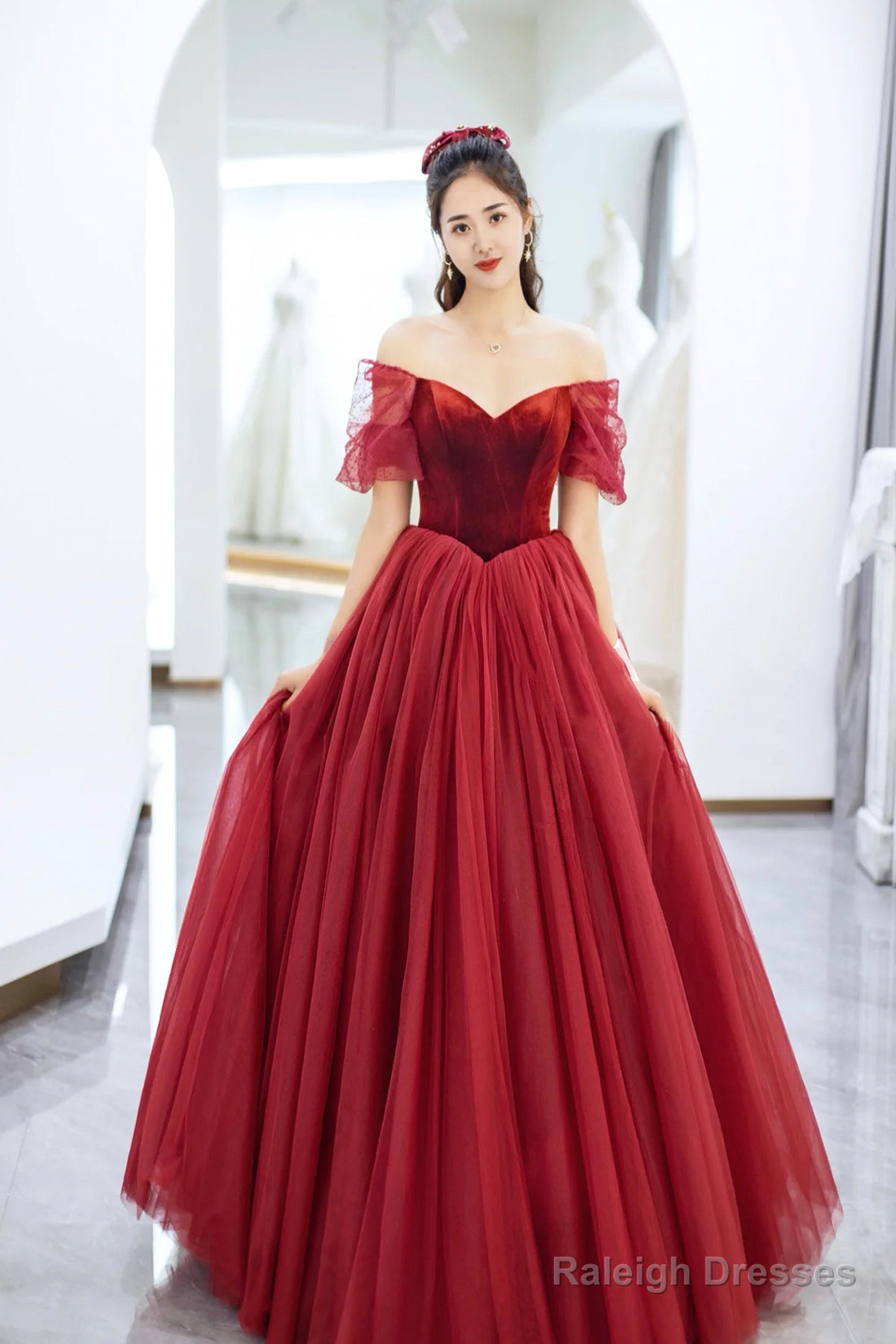 Elegant Tulle And Velvet Long Prom Dress, Off The Shoulder A-Line Evening Party Dress
