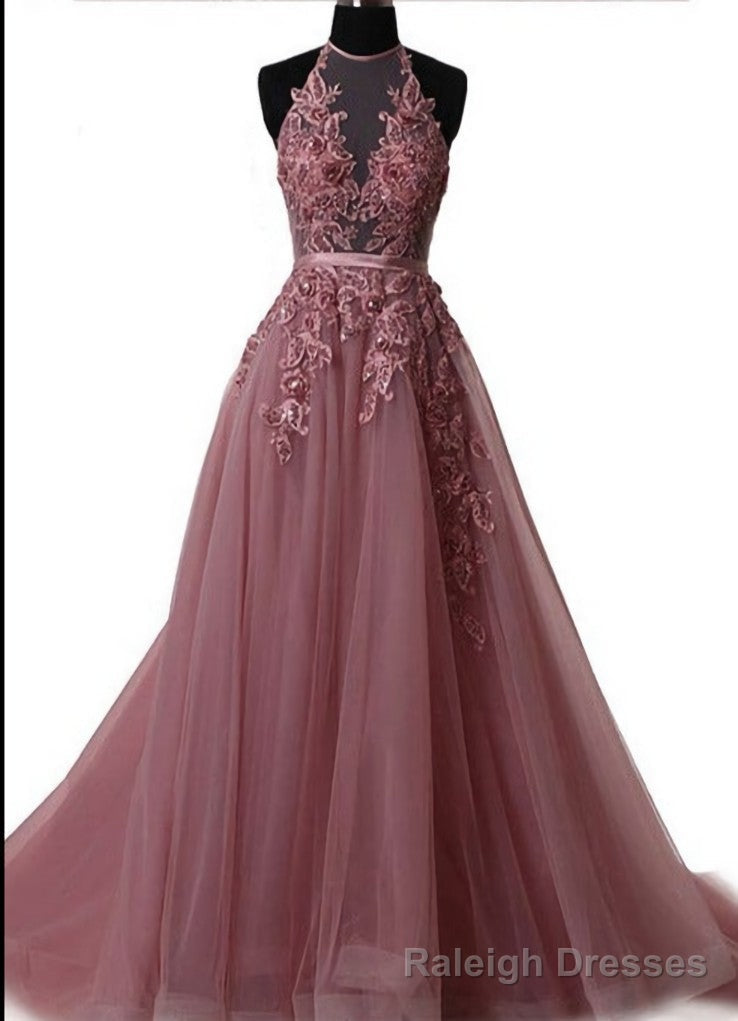 Elegant tulle lace long prom dress, lace Prom dress