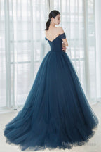 Elegant Tulle Long A-Line Prom Dress, Blue Off The Shoulder Evening Dress